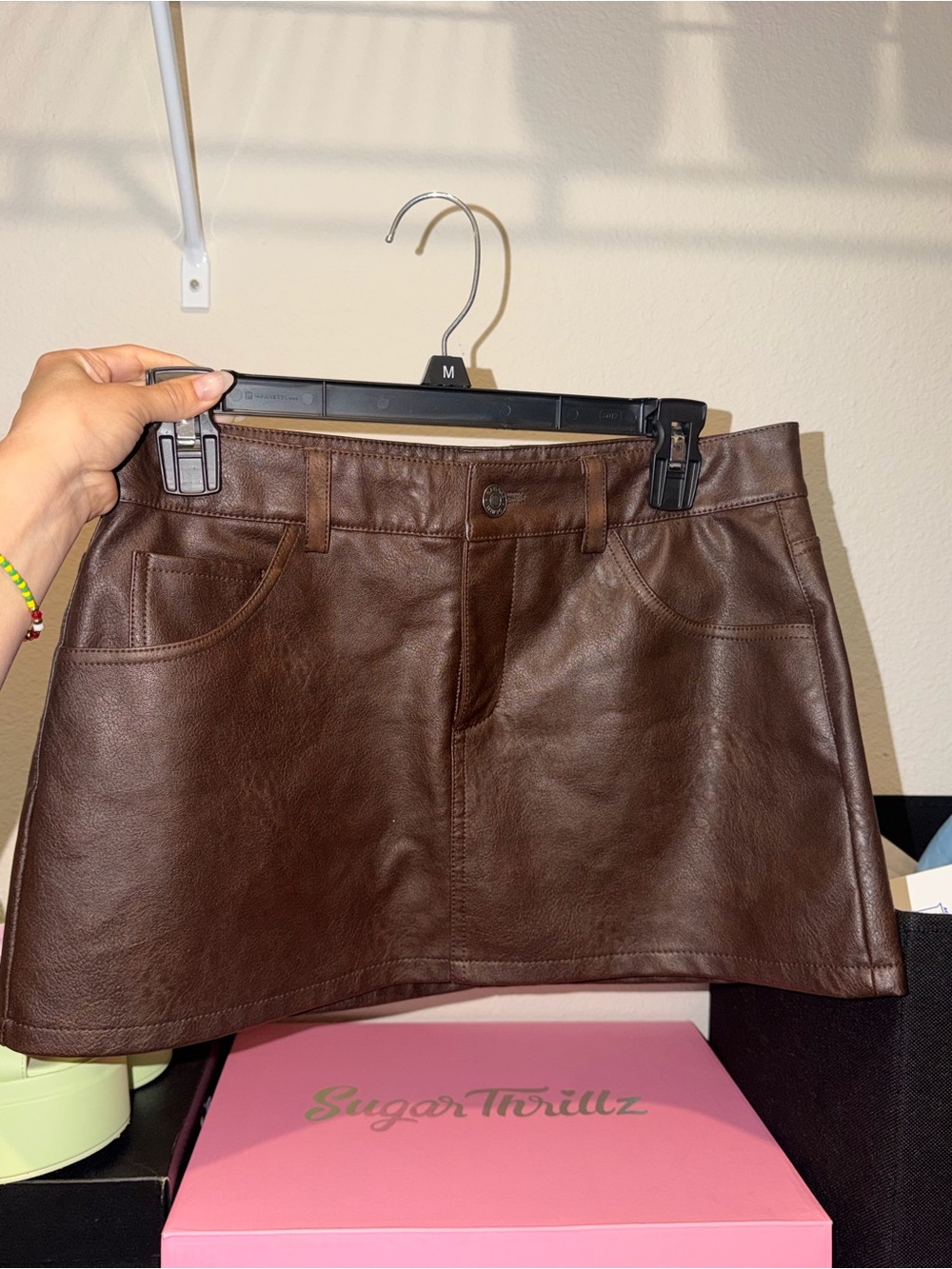 Garage Chocolate Brown Faux Leather High-Low Mini Skirt